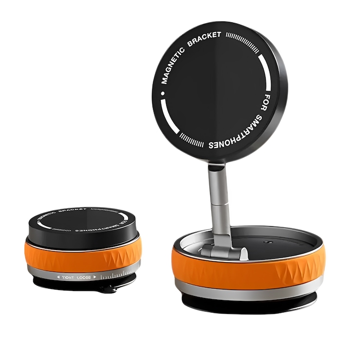 Suport Auto Magnetic Z ZYNERA™, 360°, Ventuza Vid, Aliaj Zinc, Tablou Bord/Parbriz, Rotire Completa, Calitate Premium, Negru/Portocaliu