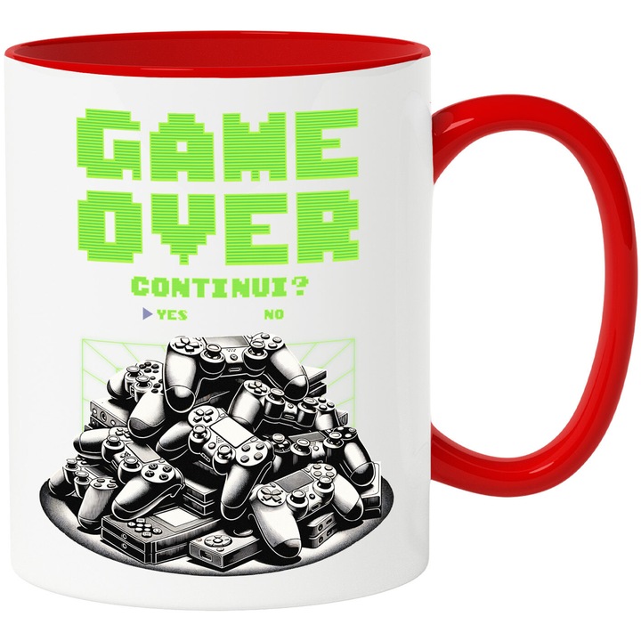 Cana cu Munte Manete Jocuri Video Text Game Over Continui Lume Digitala, Ceramica, 330ML, cu Maner Rosu