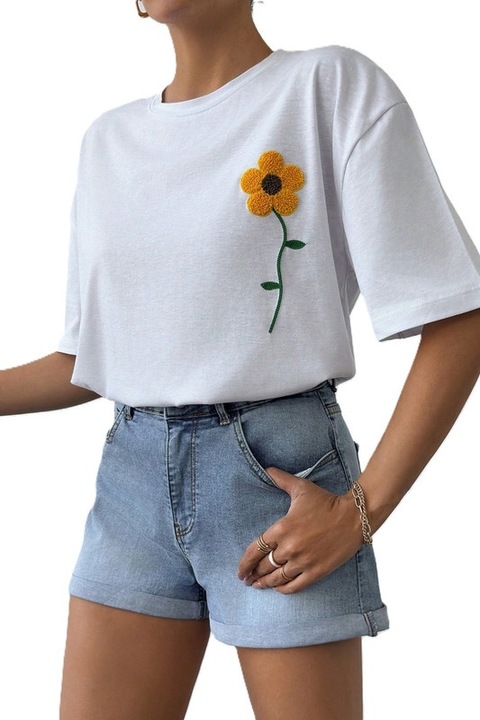 Tricou Dama, Bumbac, Umeri Cazuti, Brodat Cu Floare Culoare Contrastanta, Alb, S