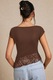 Дамска тениска, асиметрична с къс ръкав от дантела, кафява, размер L