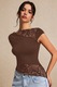 Дамска тениска, асиметрична с къс ръкав от дантела, кафява, размер L