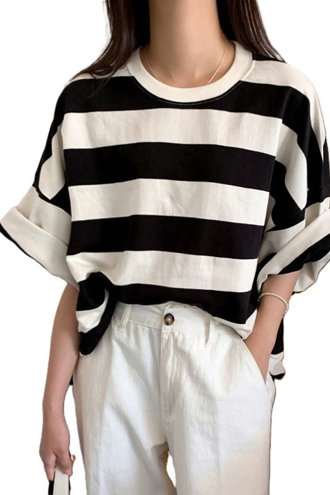 Tricou Dama, Oversize, Bumbac, Casual Dungi Contrastante, Alb