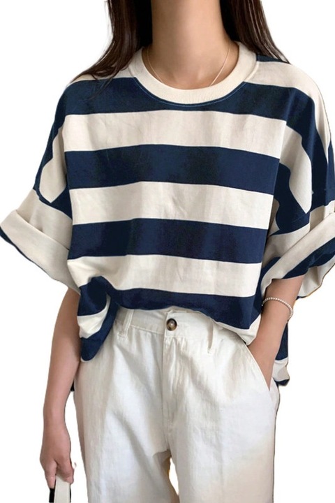 Tricou Dama, Oversize, Bumbac, Casual Dungi Contrastante, Albastru
