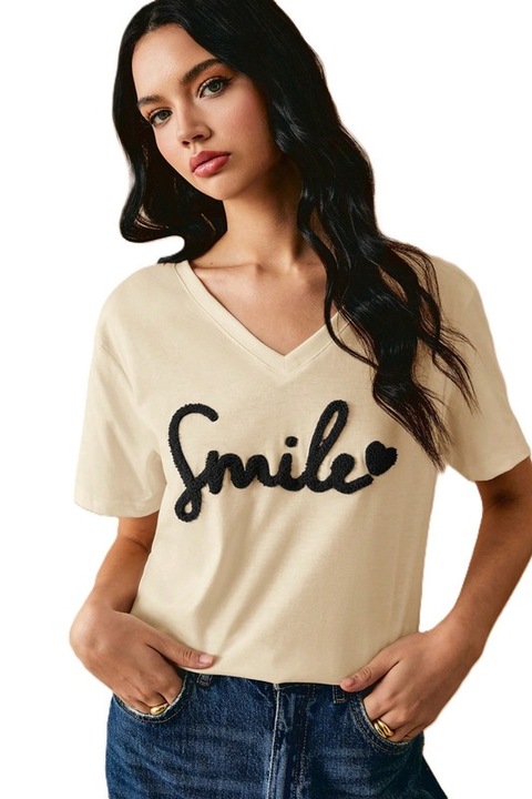 Tricou Dama, Decolteu In V, Brodat “Smile”, Apricot, M