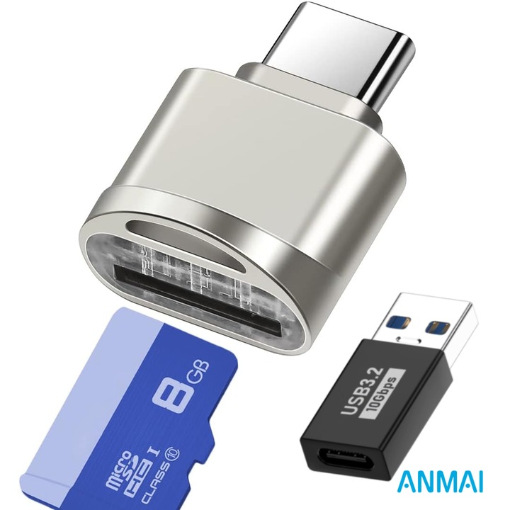 Комплект от 2 microSD четеца за карти, OTG адаптер, TF, ултрапреносим сребрист металик USB-C, Anmai, USB 3.0, 3.1, 3.2, 3A бързо зареждане и пренос на данни, алуминиев корпус, черен