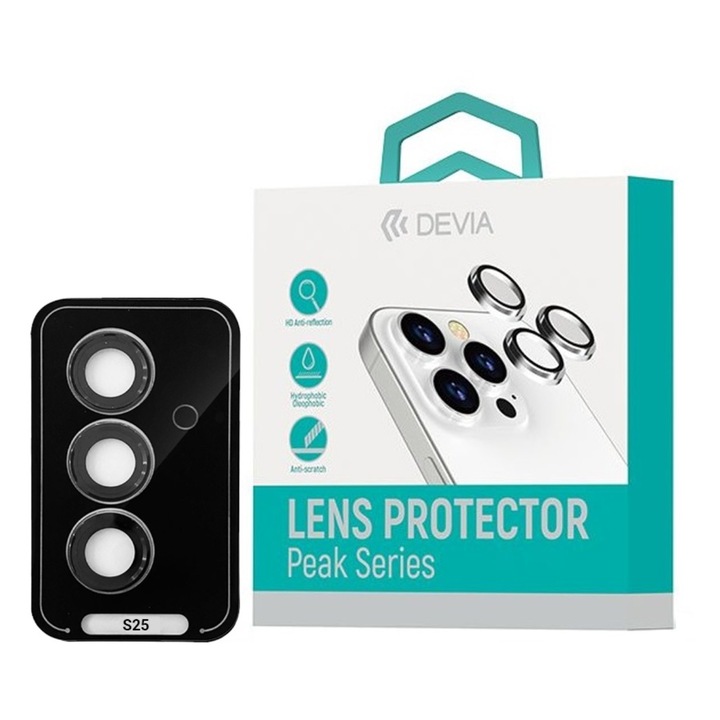 Samsung Galaxy S25 kompatibilis Devia Camera Peak Series üvegfólia, 3 darab fekete csomag