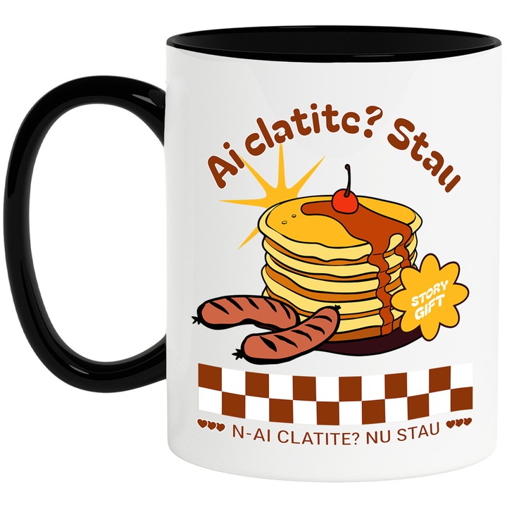 Cana cu Turn Clatite Cu Aroma Si Cireasa Text Ai Clatite Stau N ai Clatite Nu Stau, Ceramica, 330ML, cu Maner Negru