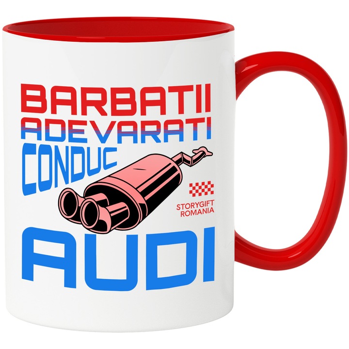 Cana cu Toba Esapament Masina Viteza Curse Text Barbatii Adevarati Conduc Audi, Masina lux, Ceramica, 330ML, cu Maner Rosu