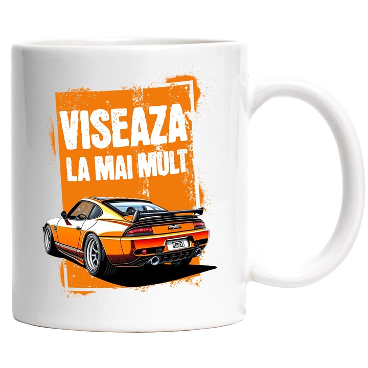 Cana cu Masina DE Curse Modificata Portocalie Text Viseaza La Mai Mult Motivational, Ceramica, 330ML, cu Maner Alb