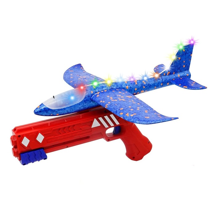Pistol cu Lansator de Avion, din Polistiren+Plastic, +3 Ani, Avion 38 cm, Lansare 10 M, cu Lumini si Roti, Rosu/Albastru, Stef's Cat