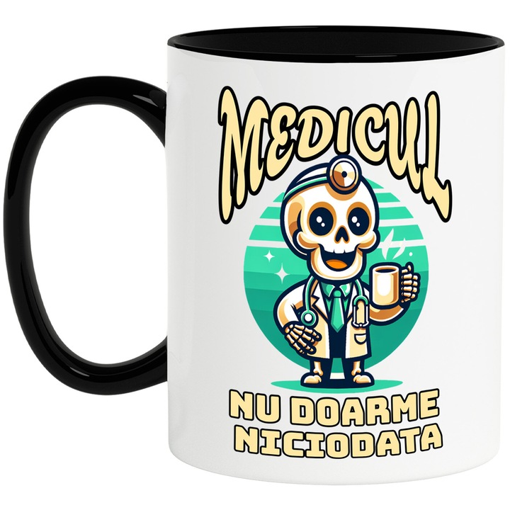 Cana cu Schelete Vesel Cu Cana De Cafea Text Haios Medicul Nu Doarme Niciodata Extenuare, Ceramica, 330ML, cu Maner Negru