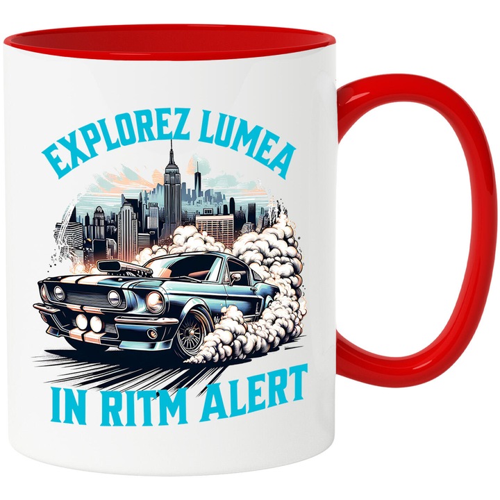 Cana cu Masina Viteza Tunata Vintige Albastra Oras Cu Cladiri Inalte Text Explorez Lumea In Ritm Alert, Ceramica, 330ML, cu Maner Rosu