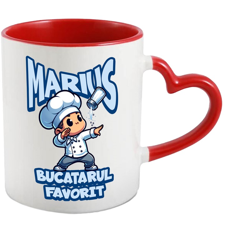 Cana cu Cheff Bucatar Animat Vesel Cu Palarie Inalta Si Halat Text Marius Bucatarul Favorit, Ceramica, 330ML, cu Maner Inima Rosie