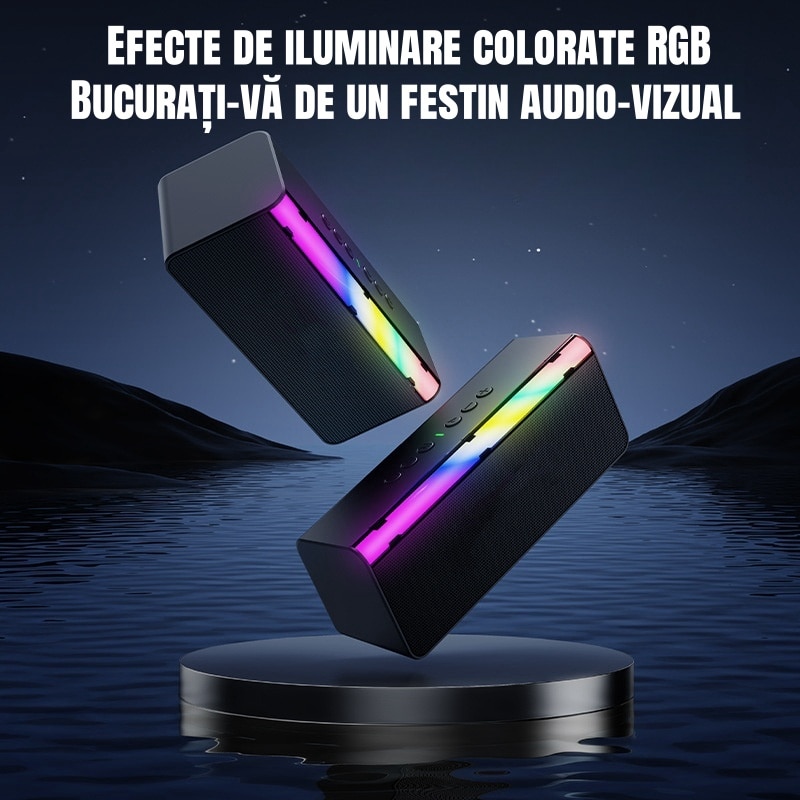 Bara de sunet, wireless, Bluetooth 5.3, 20W, efecte de iluminare RBG, sunet 3D, TF/AUX/USB, 2 difuzoare, 2000mAh, negru