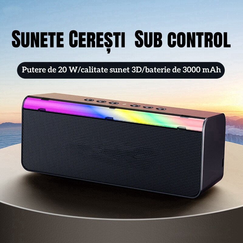 Bara de sunet, wireless, Bluetooth 5.3, 20W, efecte de iluminare RBG, sunet 3D, TF/AUX/USB, 2 difuzoare, 2000mAh, negru