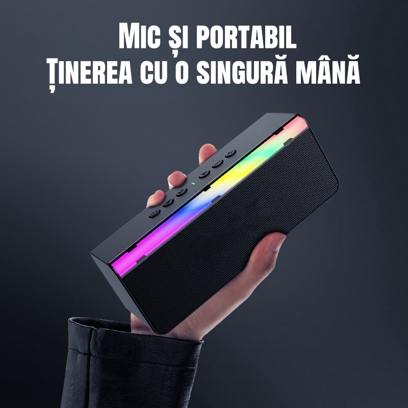 Bara de sunet, wireless, Bluetooth 5.3, 20W, efecte de iluminare RBG, sunet 3D, TF/AUX/USB, 2 difuzoare, 2000mAh, negru