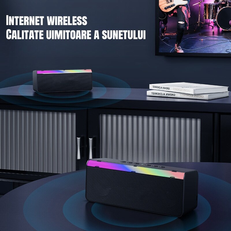 Bara de sunet, wireless, Bluetooth 5.3, 20W, efecte de iluminare RBG, sunet 3D, TF/AUX/USB, 2 difuzoare, 2000mAh, negru
