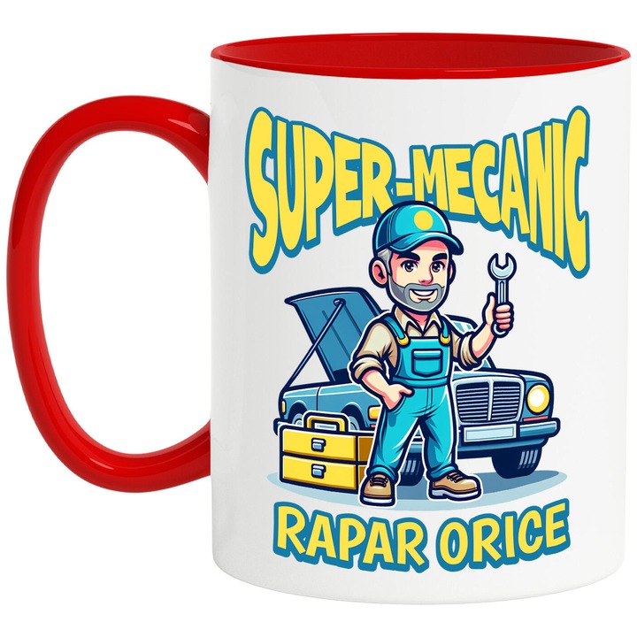 Cana cu Barbat Cu Sapca Si Salopeta Albastra Masina In Lucru Text Super Mecanic Repar Orice, Ceramica, 330ML, cu Maner Rosu