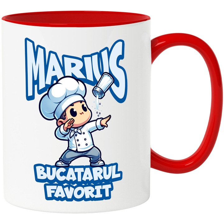 Cana cu Cheff Bucatar Animat Vesel Cu Palarie Inalta Si Halat Text Marius Bucatarul Favorit, Ceramica, 330ML, cu Maner Rosu