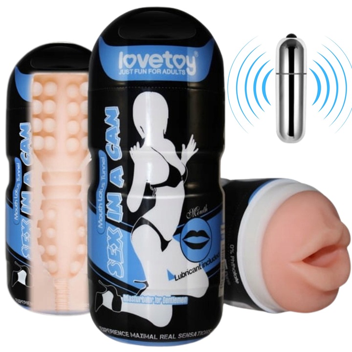 Мастурбатор, Lovetoy, Sex in a can, Орален, Изкуствени устни, Вибрации, Кибер кожа, 16, 5 см, Бежов, 12 см