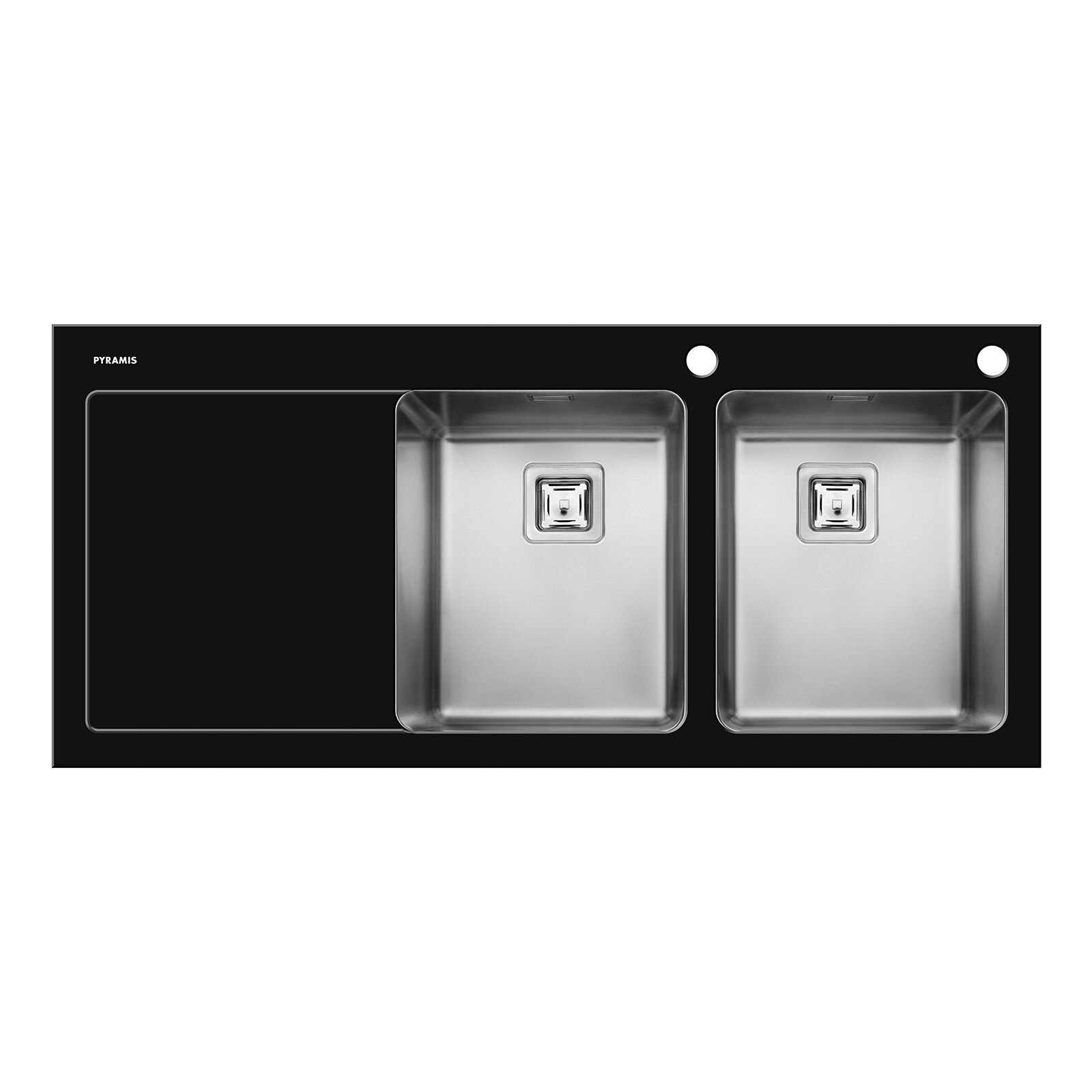 Chiuveta bucatarie Pyramis CRYSTALON SQ, 1160x520mm, adancime 200mm, cuve dreapta, montare pe blat, sticla temperata neagra & inox