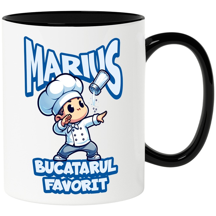 Cana cu Cheff Bucatar Animat Vesel Cu Palarie Inalta Si Halat Text Marius Bucatarul Favorit, Ceramica, 330ML, cu Maner Negru