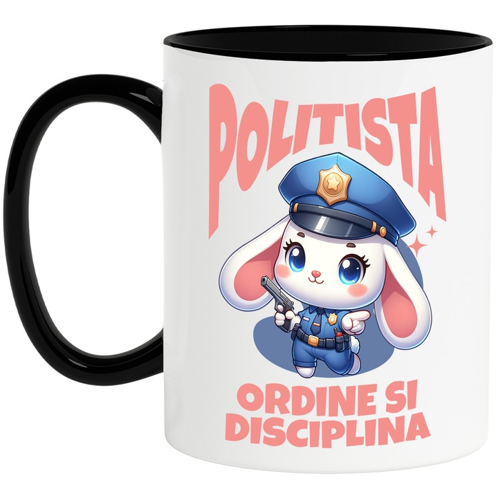Cana cu Iepure Alb Cu Urechi Lungi Tinuta Politie Aparare Insigna Arma Text Politista Ordine Si Disciplina, Ceramica, 330ML, cu Maner Negru