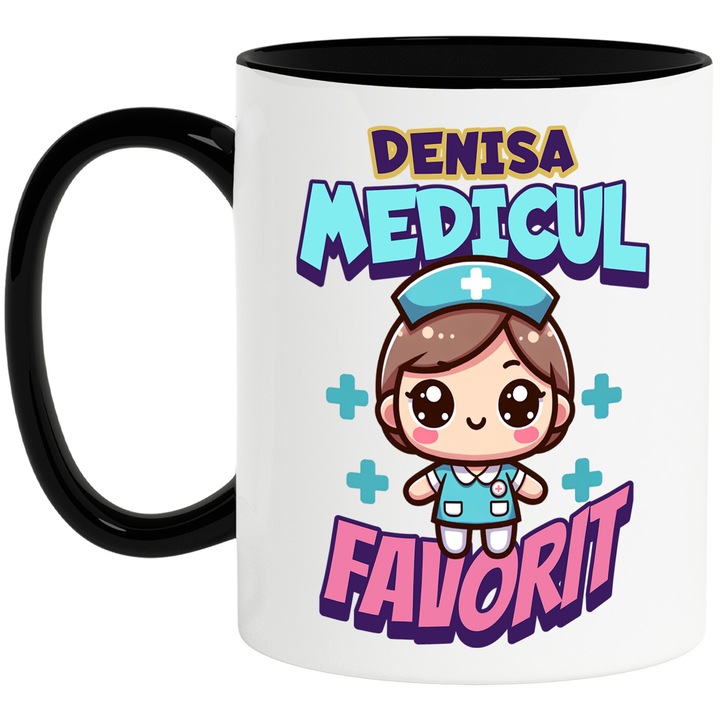 Cana cu Asistenta medicala Cu Tinuta Albastra Text Denisa Medicul Favorit, Ceramica, 330ML, cu Maner Negru