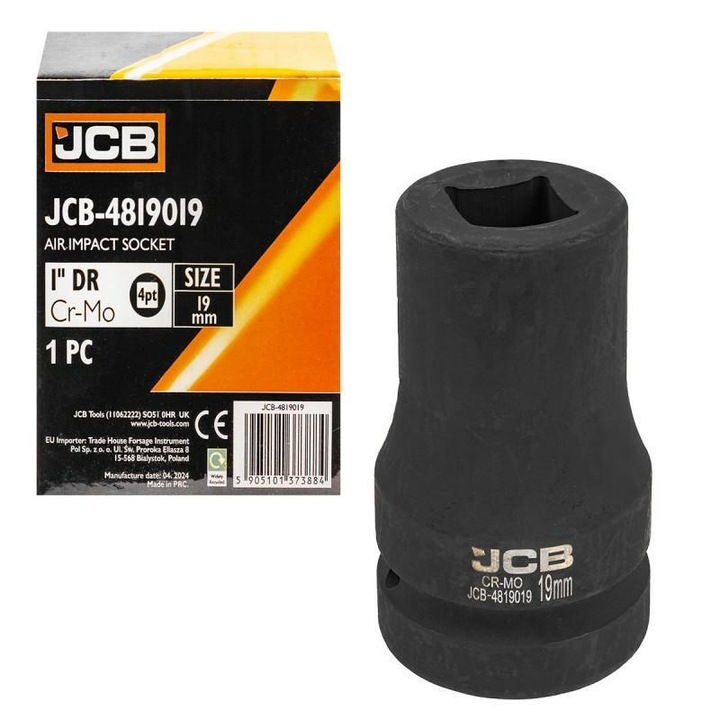 Cap de impact, JCB, Otel cr-mo, 1" pe patrat 19 mm, 4- colt, Rezistent la momente de torsiune ridicate, Negru