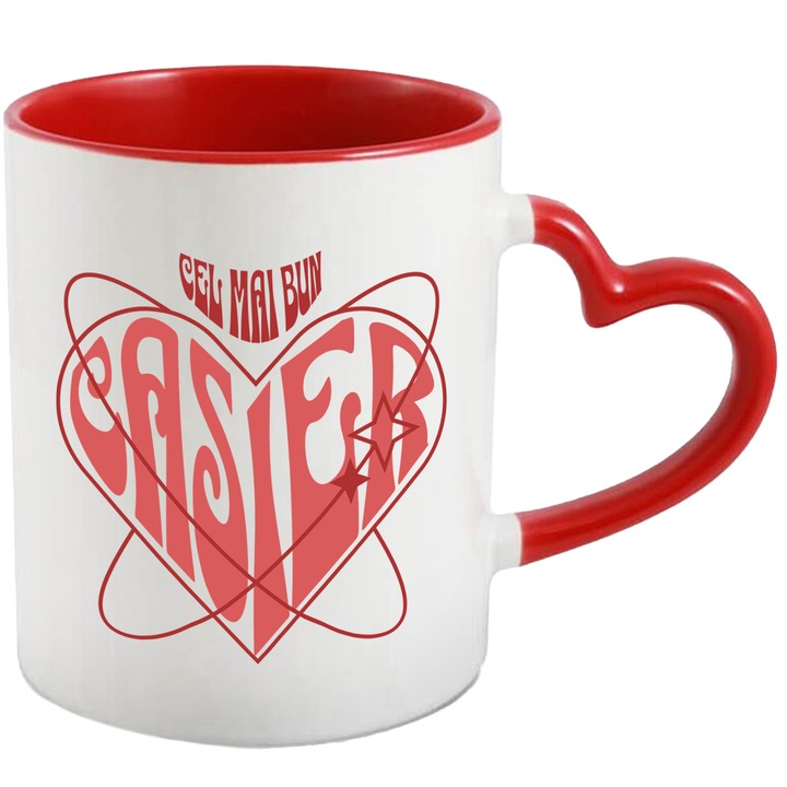 Cana cu Iluzie Optica Inima Munca Meserie Dragobete Text Cel Mai Bun Casier, Ceramica, 330ML, cu Maner Inima Rosie