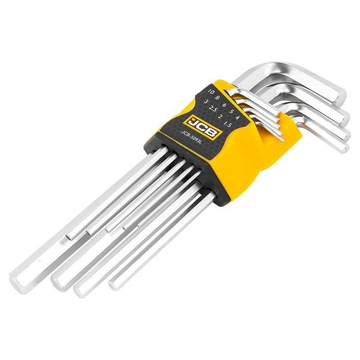 Set de chei, JCB, Imbus, 9 elemente, Otel crom-vanadiu, Argintiu, Lung, Etui pentru depozitare, Potrivire precisa pentru suruburi
