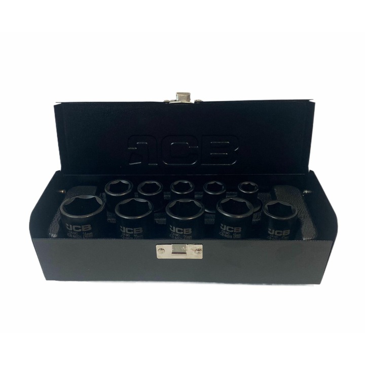 Set de capete cu impact, JCB, 10buc., 1/2", Hexagonale, 10-24mm, Otel crom-molibden, Negru, Cutie metalica