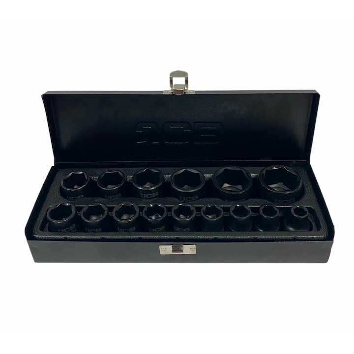 Set de capete de impact, JCB, 1/2", 15buc. (hexagonale), 10-32mm, Otel crom-molibden, Geanta metalica, Negru