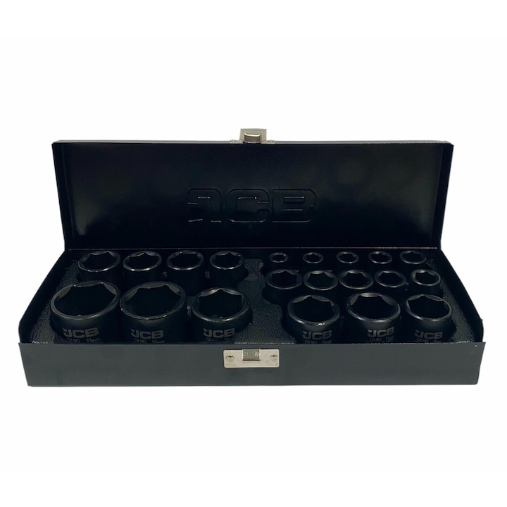 Set de capete cu impact, JCB, Fara marca, 20 de elemente, 1/2 inch, 8-32 mm, Otel crom-molibden, Negru, Geanta de transport