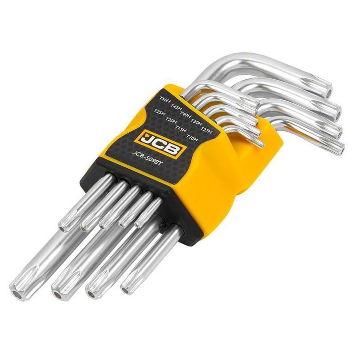 Set de chei torx cu orificiu, JCB, 9 piese, Otel cromat-vanadiu, Argintiu, Pentru lucrari de montaj precise, Ideal pentru ateliere si uz casnic