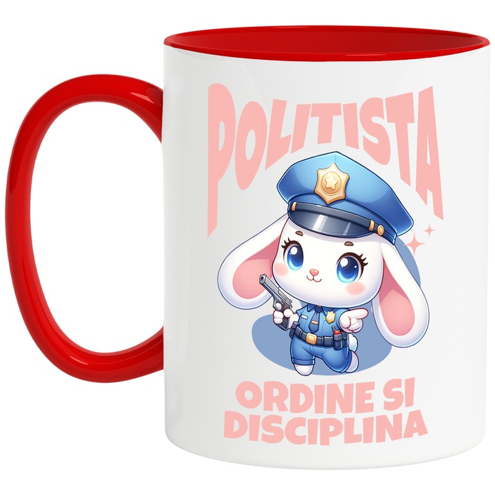 Cana cu Iepure Alb Cu Urechi Lungi Tinuta Politie Aparare Insigna Arma Text Politista Ordine Si Disciplina, Ceramica, 330ML, cu Maner Rosu