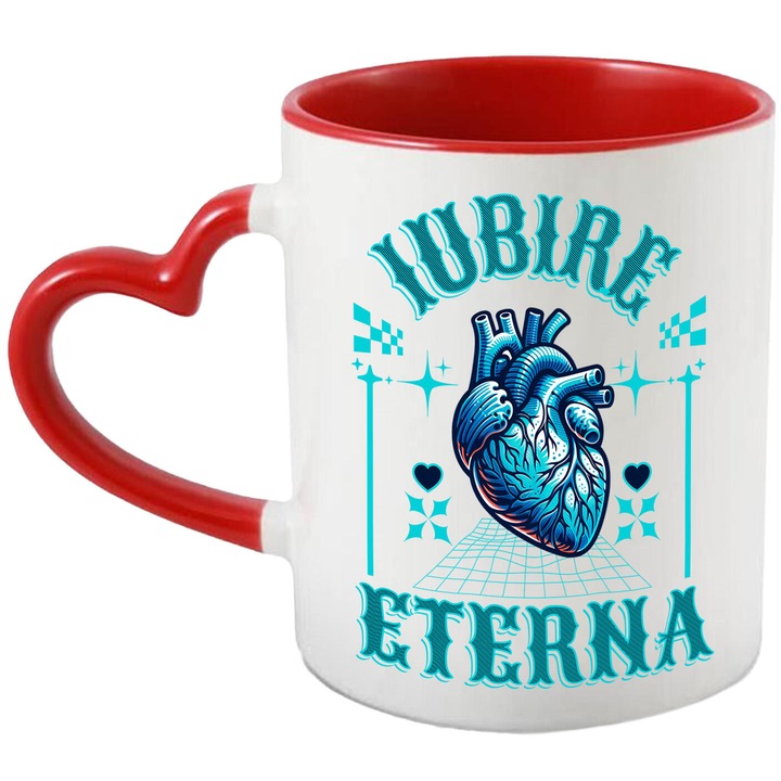 Cana cu Inima Anatomica Text Iubire eterna Valentine's Day Iubire, Dragoste, Ceramica, 330ML, cu Maner Inima Rosie