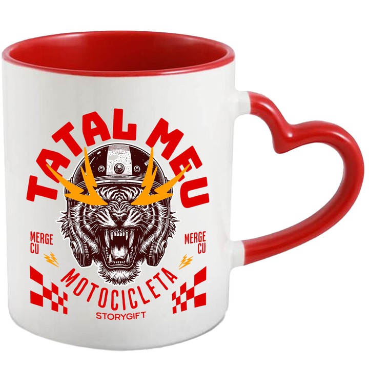 Cana cu Tigru Furios Cu Casca Protectie Colti Lungi Text Tatal Meu Merge Cu Motocicleta Familie Pasiune, Ceramica, 330ML, cu Maner Inima Rosie