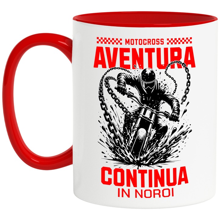 Чаша с мъж на мотоциклет Speed Mud Chains Adventure Passion Motorcycle, керамика, 330 мл, с червена дръжка