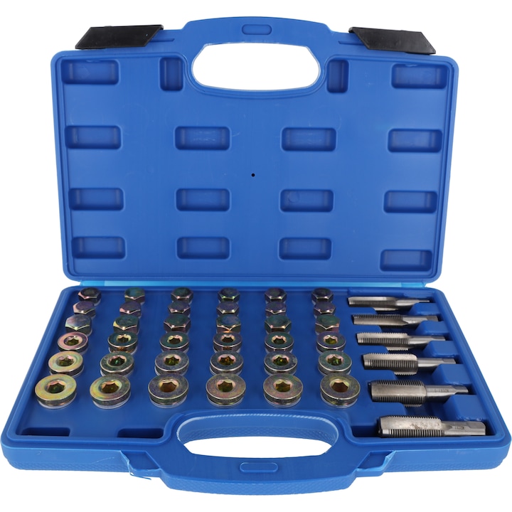 Set de reparare a filetelor, Luxtom, Fara marca, 114 elemente, Pentru regenerarea filetelor in carterele de ulei, Se potriveste cu majoritatea filetelor din automobilele personale si camioanele usoare, Intr-o valiza practica