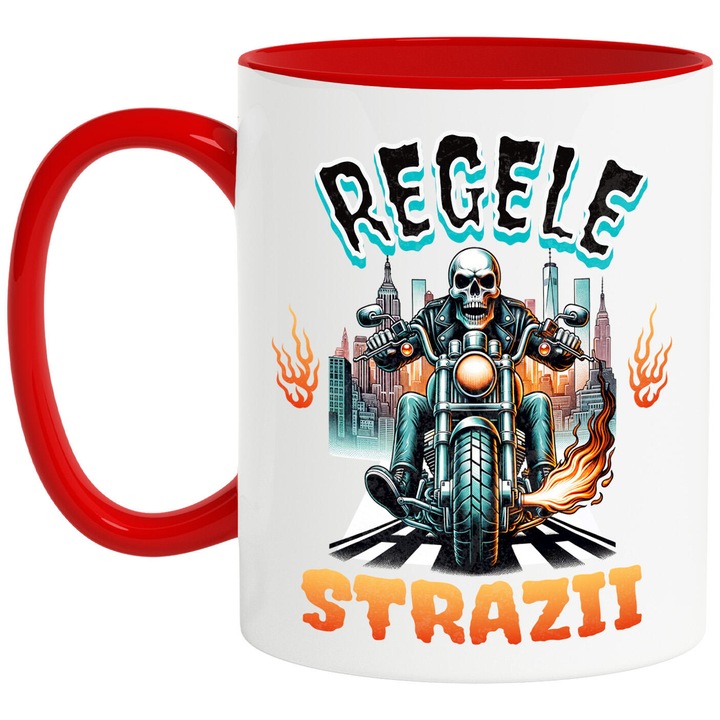 Cana cu Schelete Uman Motociclist Cu Tinuta De Piele Flacari Oras Cu Cladiri Inalte Text Regele Strazii, Ceramica, 330ML, cu Maner Rosu