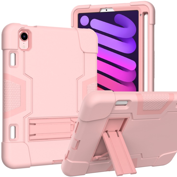 Husa tableta compatibila cu iPad Mini 6, Shockproof, Suport + Slot stilou, Rose Gold