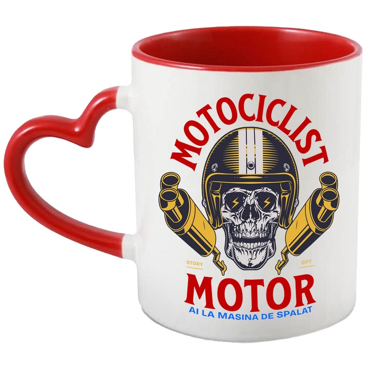 Cana cu Craniu Uman Cu Casca Si Fulgere Motociclist pasiune Mecanica Toba Esapament, Ceramica, 330ML, cu Maner Inima Rosie