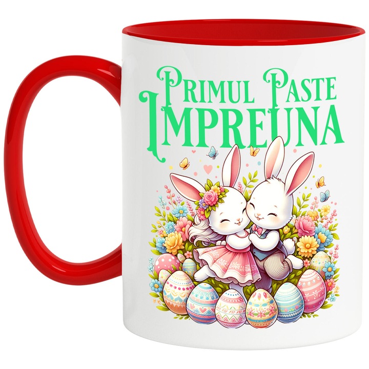 Cana cu Cuplu Fericit Iepuri Indragostiti Oua Colorate Paste, Flori Multicolor, Text Primul Paste Impreuna, Ceramica, 330ML, cu Maner Rosu