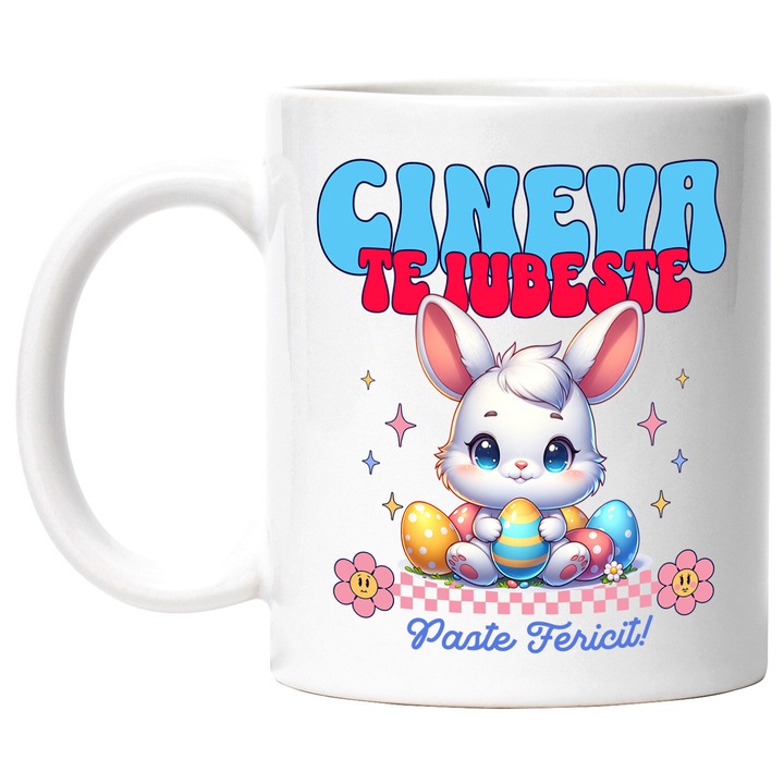 Cana cu Iepure Alb Cu Ochii Albastru oua Colorate Text Cineva Te Iubeste Paste Fericit, Ceramica, 330ML, cu Maner Alb
