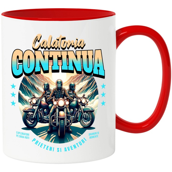 Cana cu Grup Prieteni Iubitori De Motocicleta Munte Inalt Calatorie Aventura Pasiune, Ceramica, 330ML, cu Maner Rosu