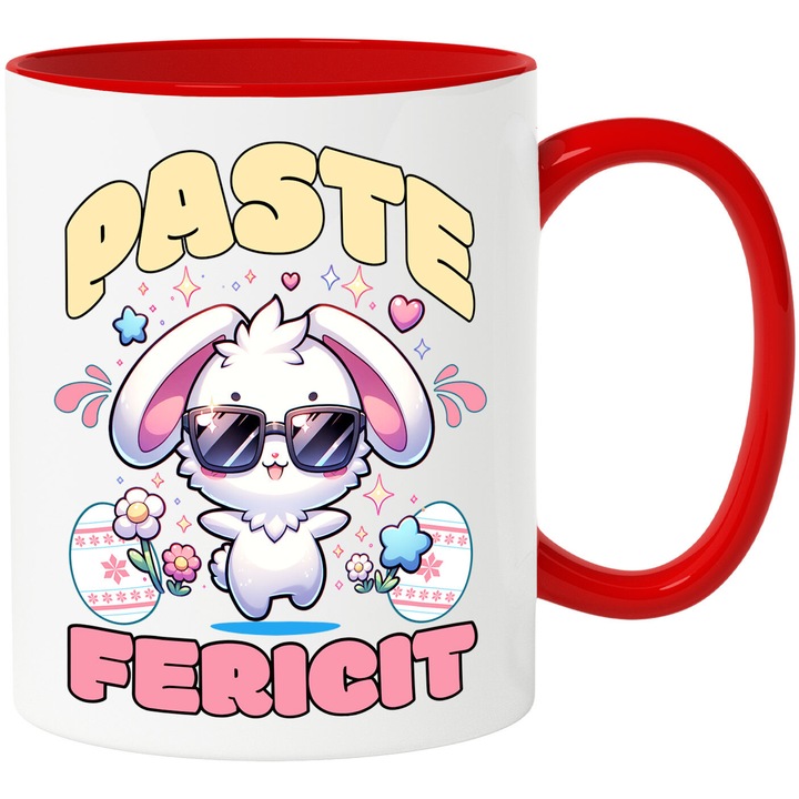 Cana cu Iepure Cool Alb Cu Ochelari De Soare oua Colorate Text Paste fericit, Flori Colorate, Ceramica, 330ML, cu Maner Rosu