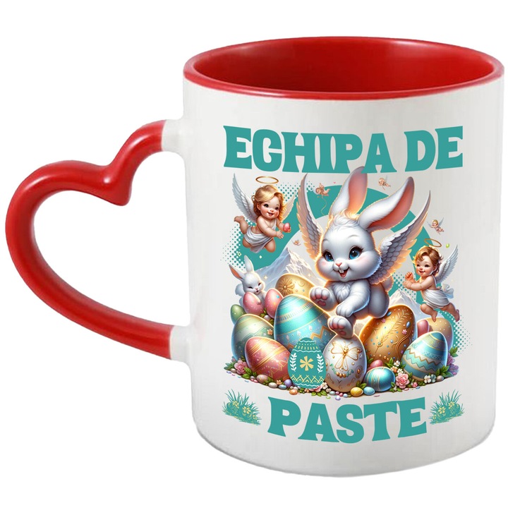 Cana cu Iepure Fericit Cu Aripi De Inger, Oua colorate De Paste, Bebelusi Ingeri Text Echipa De Paste, Ceramica, 330ML, cu Maner Inima Rosie