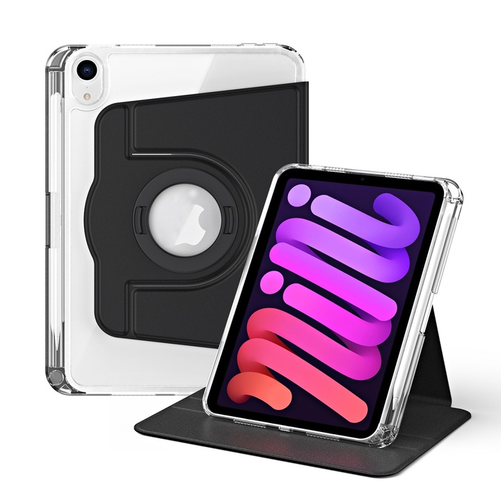 Husa tableta compatibila cu iPad Mini 6, Rotatie 360°, Detasabila, plastic Clear, Culoare Negru