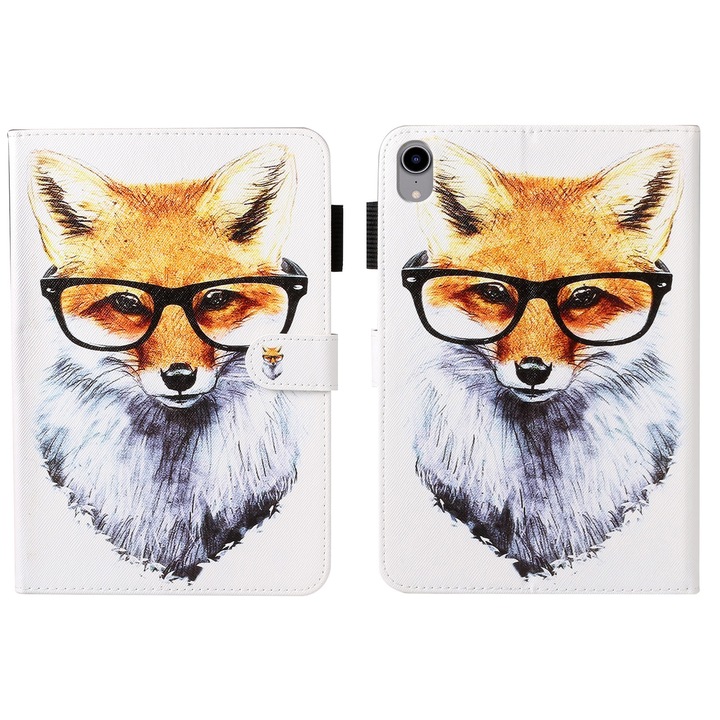 Husa tableta compatibila cu iPad Mini 6, Textura pictata, Piele artificiala, Culoare: Fox